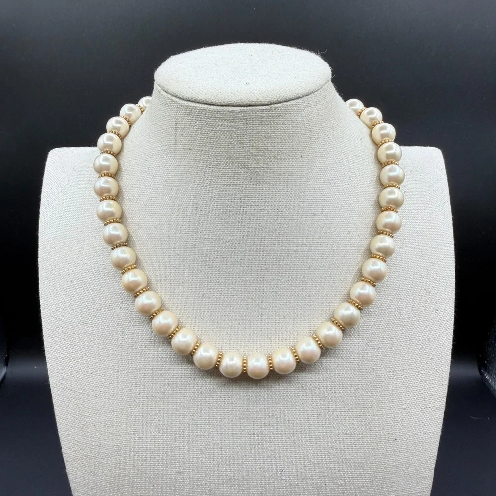 Cream Faux Pearl Beaded Necklace Gold Tone Spacer Classic Elegant Statement